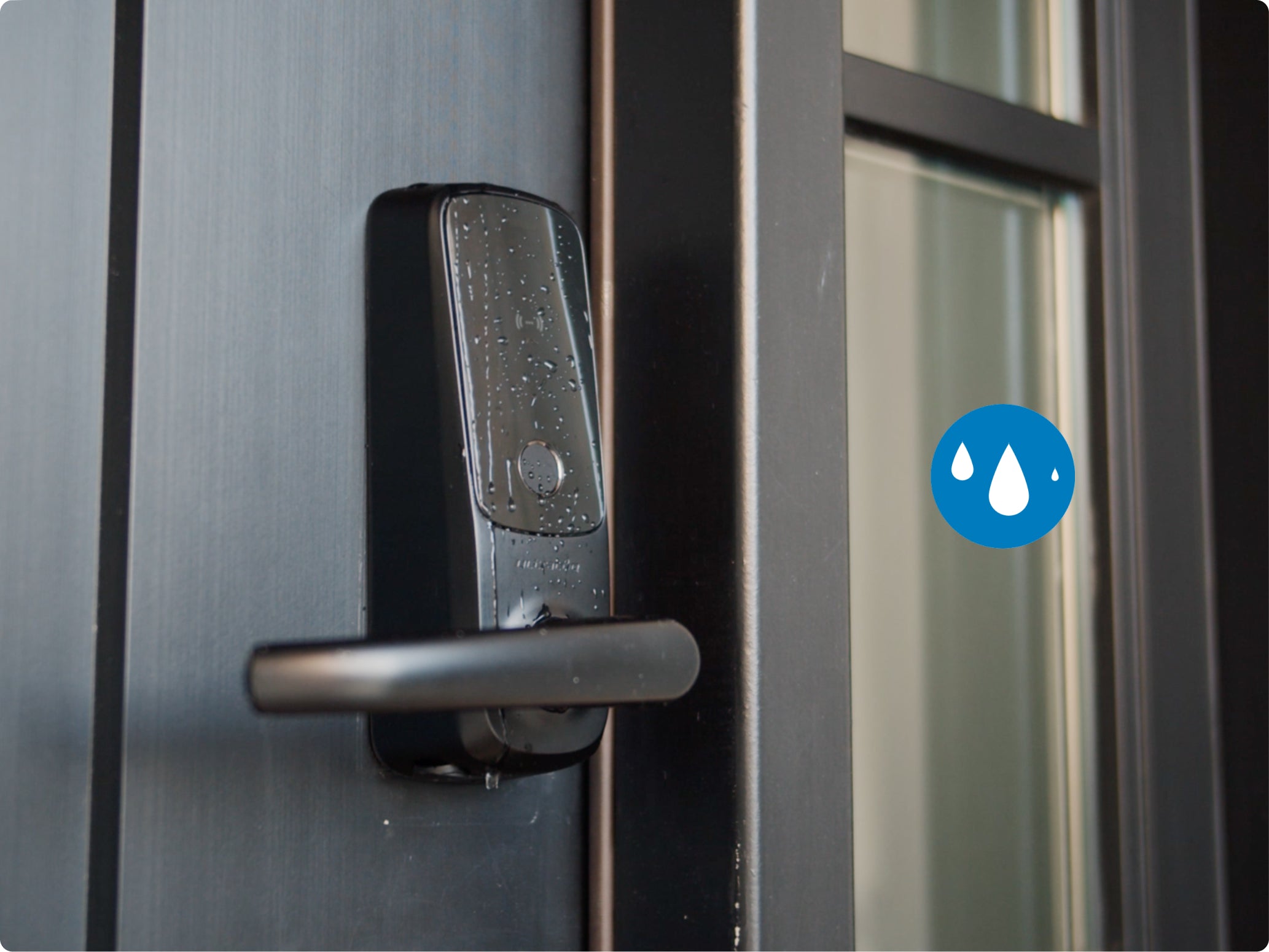 Weather-resistant exterior Latch lever lock with water droplets