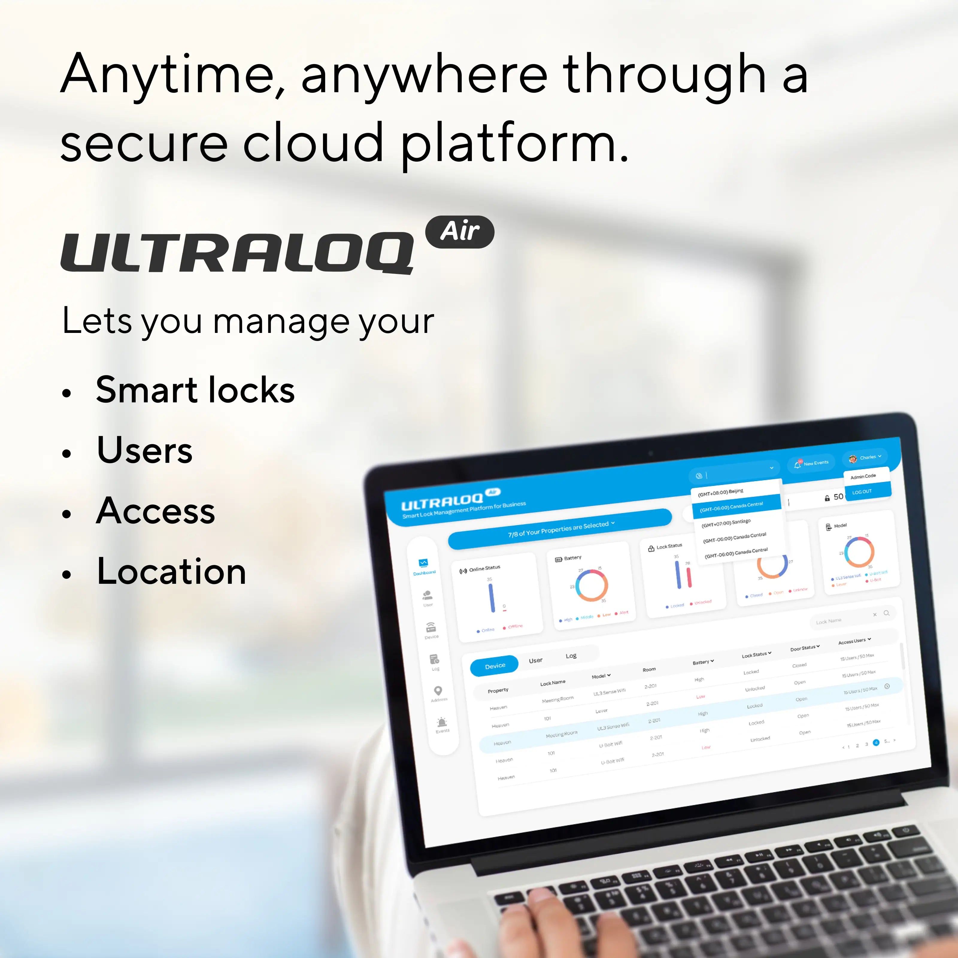 ULTRALOQ Air cloud platform for remotely managing smart locks, users, access and locations