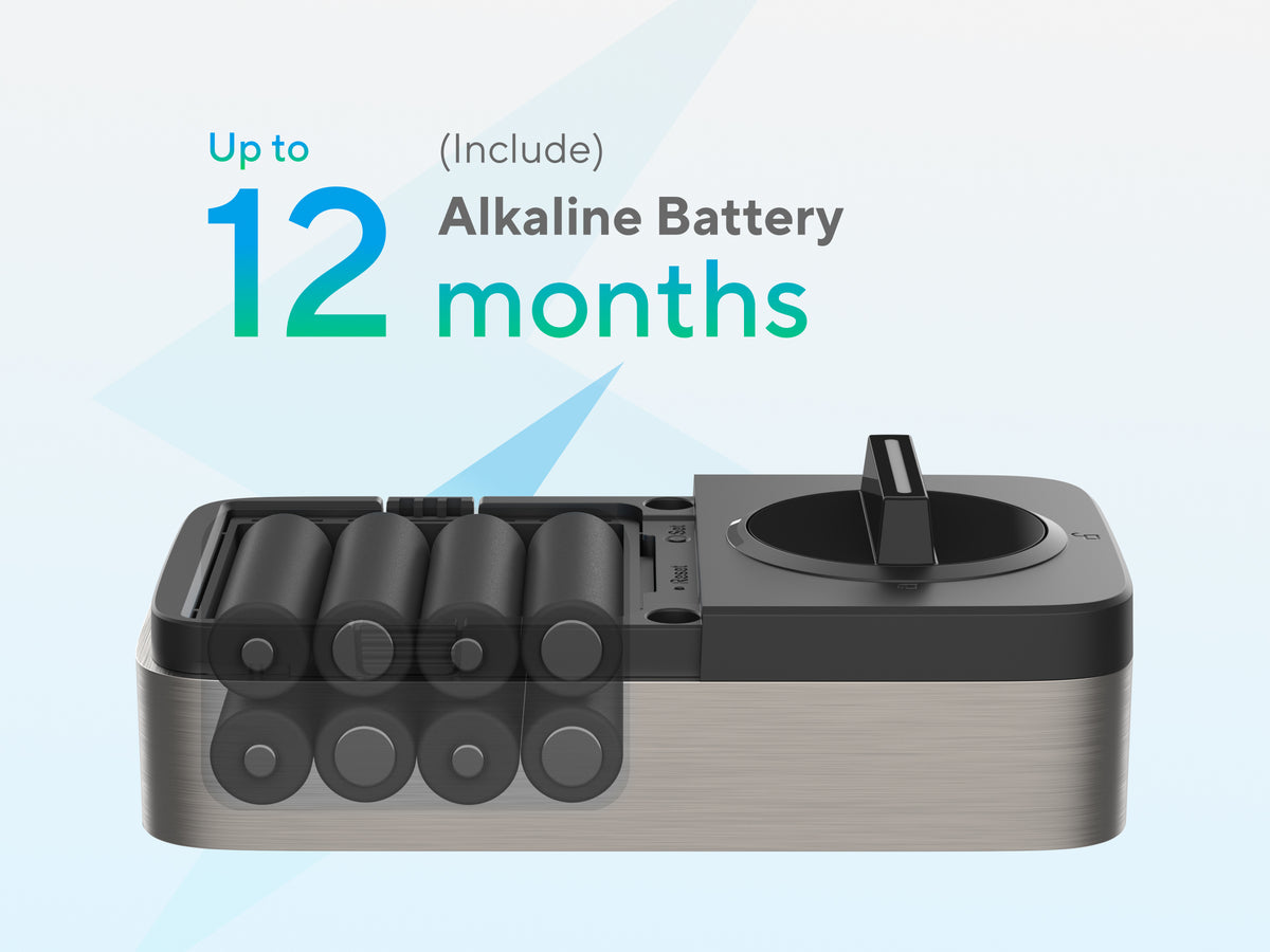Eight AA alkaline batteries included with ULTRALOQ Bolt Pro