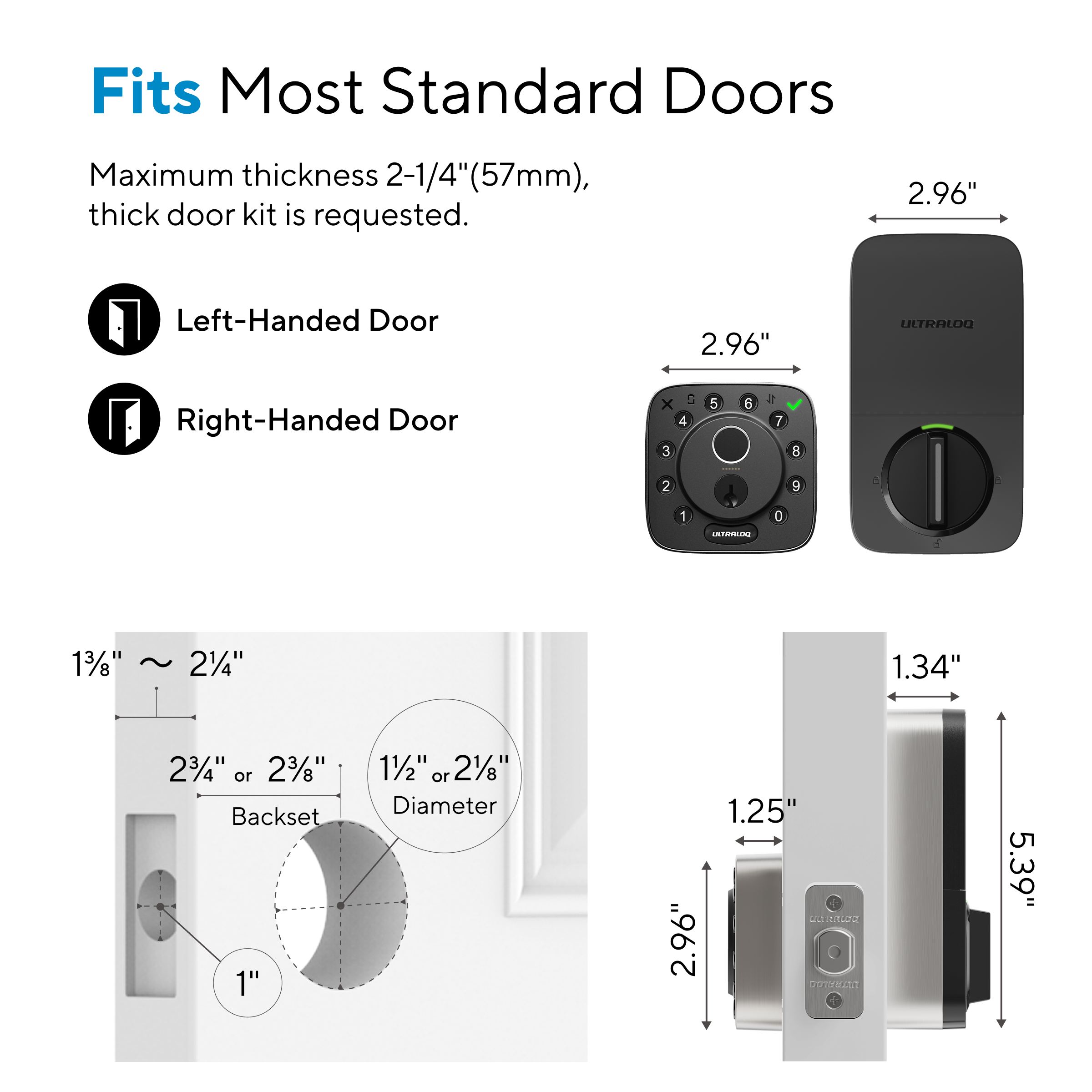 Smart lock dimensions and door compatibility for standard door installation