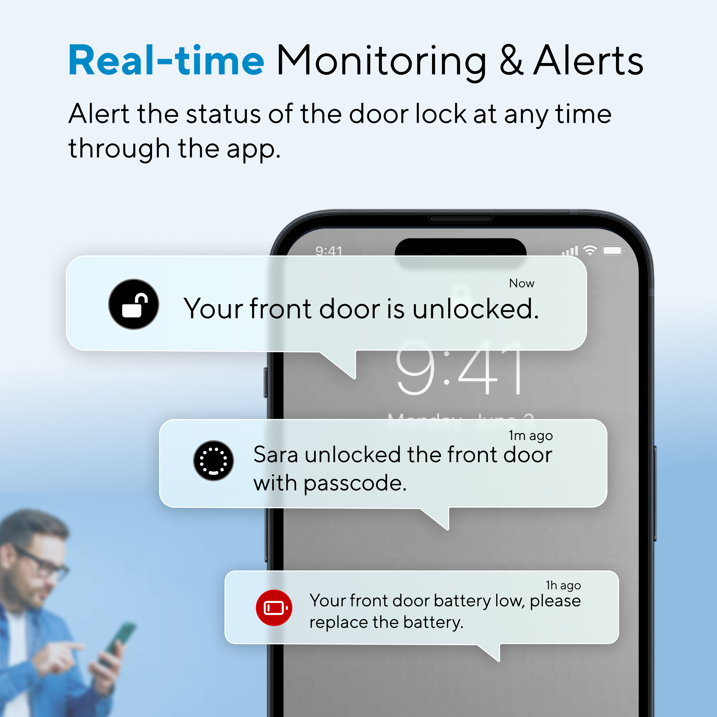 Real-time smart lock notifications for lock status, user activity and battery alerts