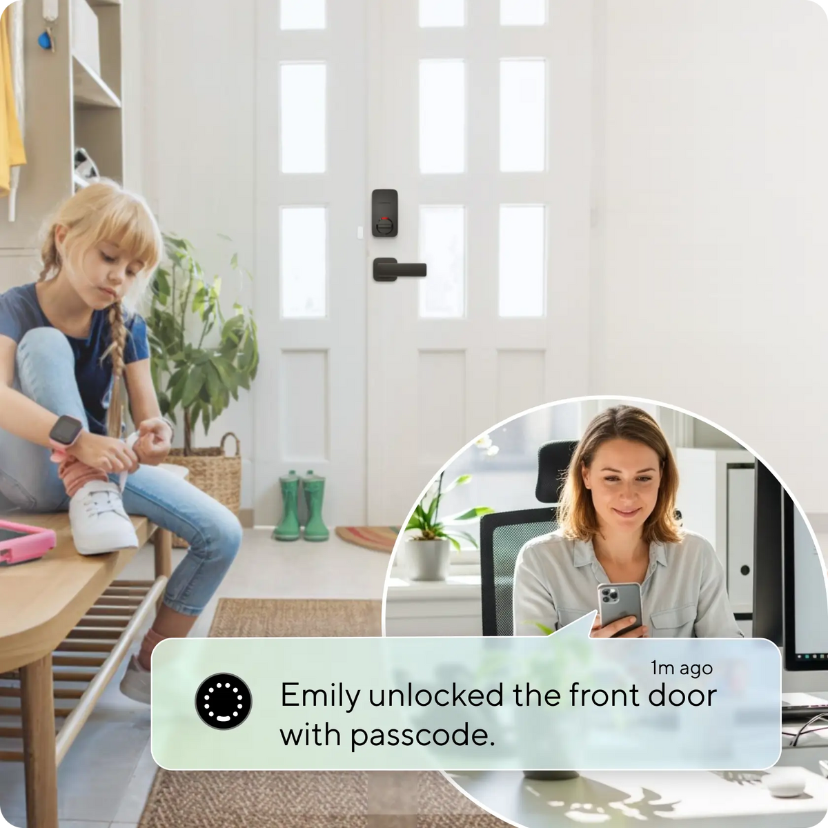 Real-time notification showing a family member unlocking the front door with a passcode