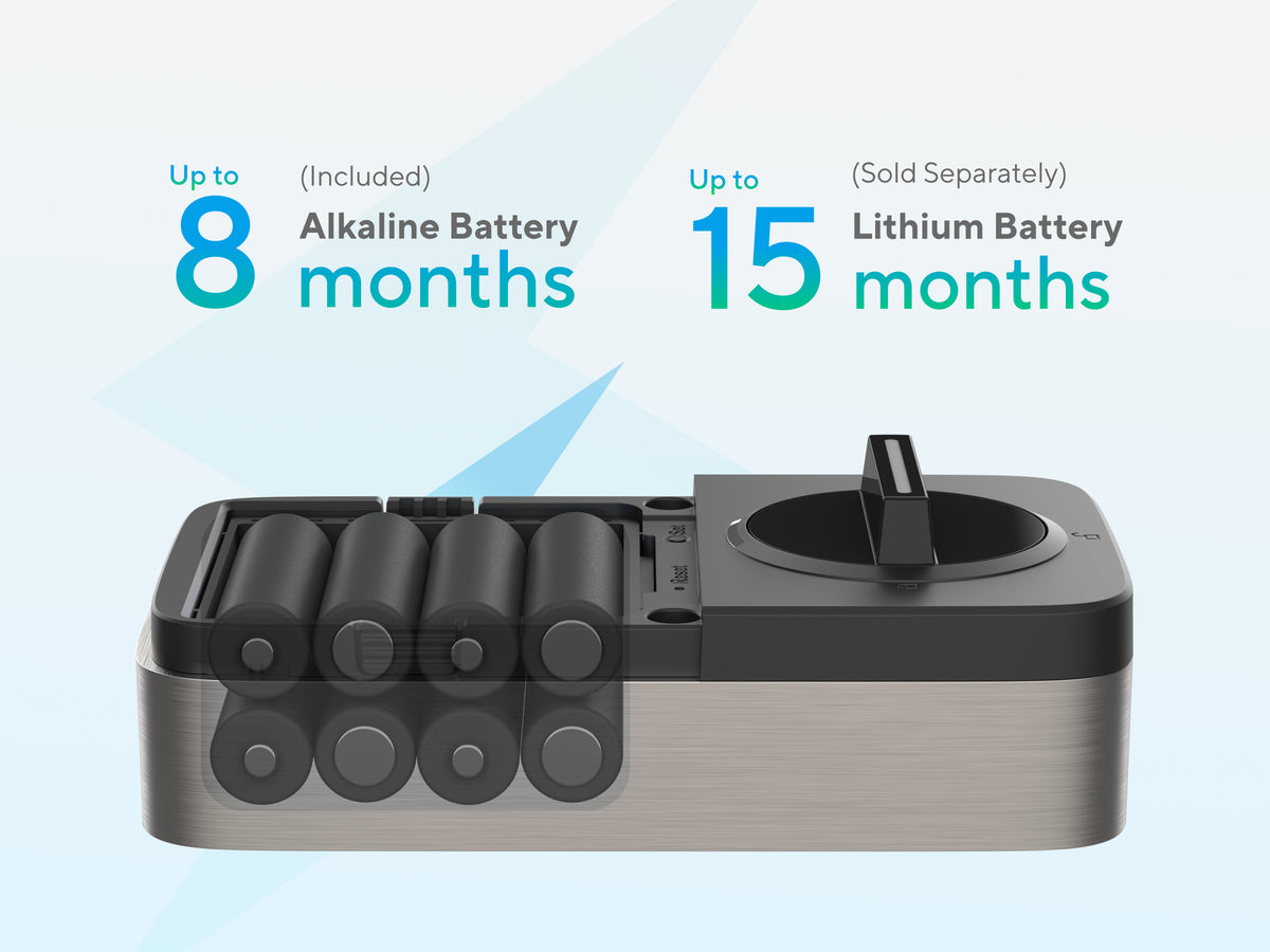 Eight AA alkaline batteries included with ULTRALOQ Bolt Pro